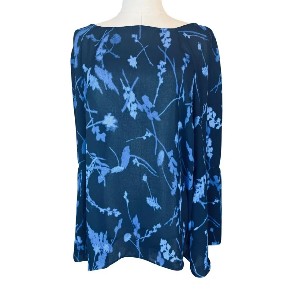 Banana Republic Large Flowy Blue Floral Print Long Bell Sleeve Blouse
